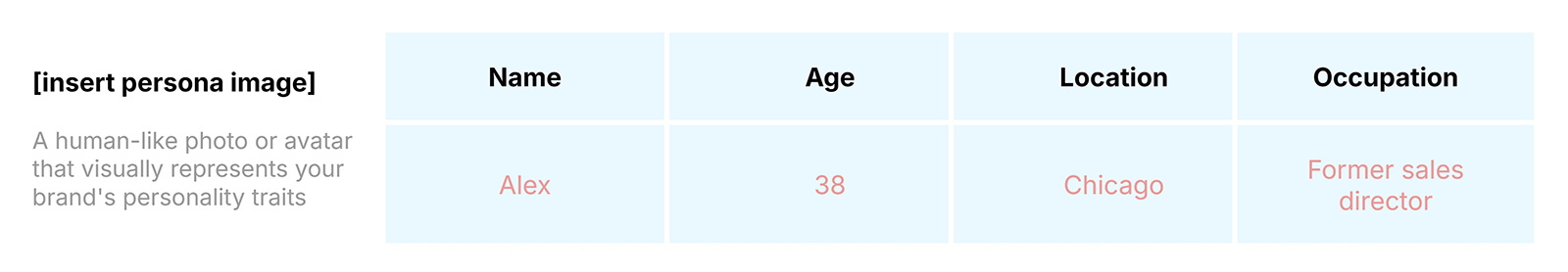 Simple brand persona identity chart for Alex, including name, age, location, and occupation.
