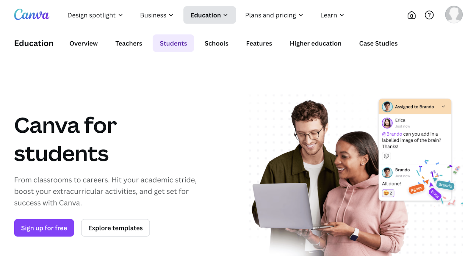 Landing page dedicated to Canva for students.