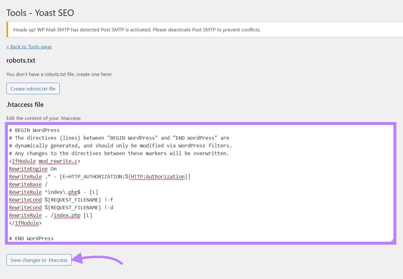 Code entered along with redirect rules on the ".htacess file" window using Yoast SEO.