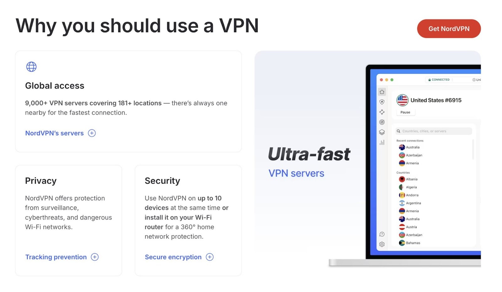 The "Why you should use a VPN" section on a landing page by NordVPN.