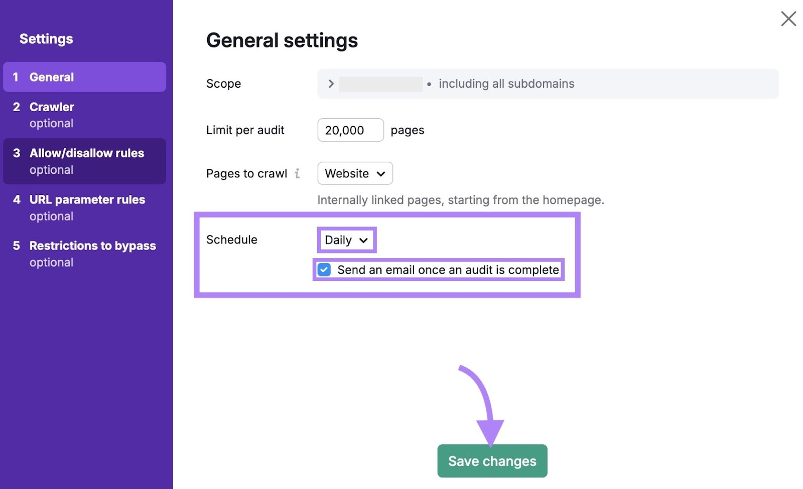 Scheduling frequency selected, "Send an email once an audit is complete" checked, and "Save changes" clicked on Site Audit settings.