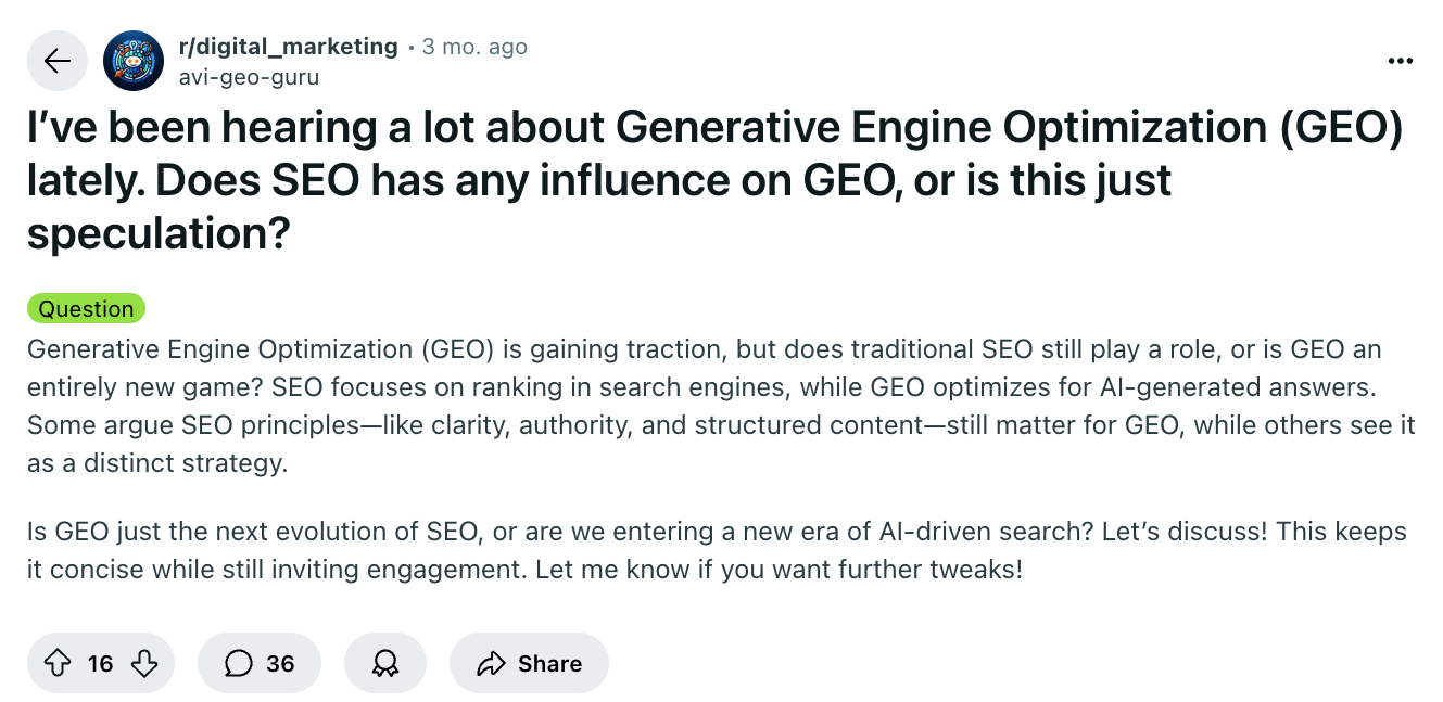 Reddit question asking whether generative engine optimization is an extension of SEO or something new.