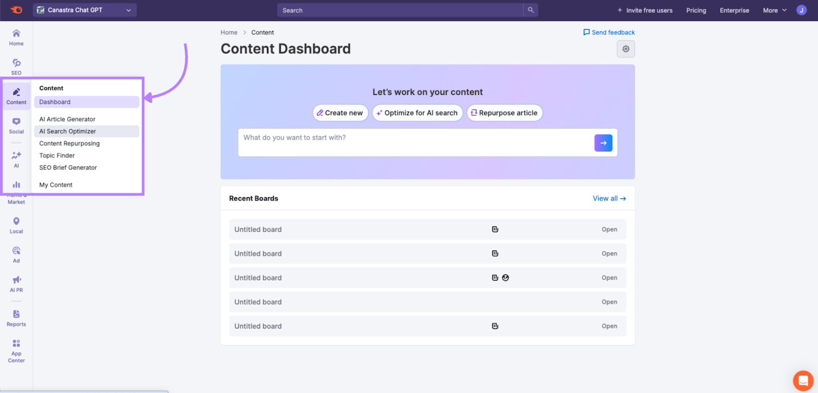 Content Toolkit dashboard with AI Search Optimizer highlighted in the left navigation