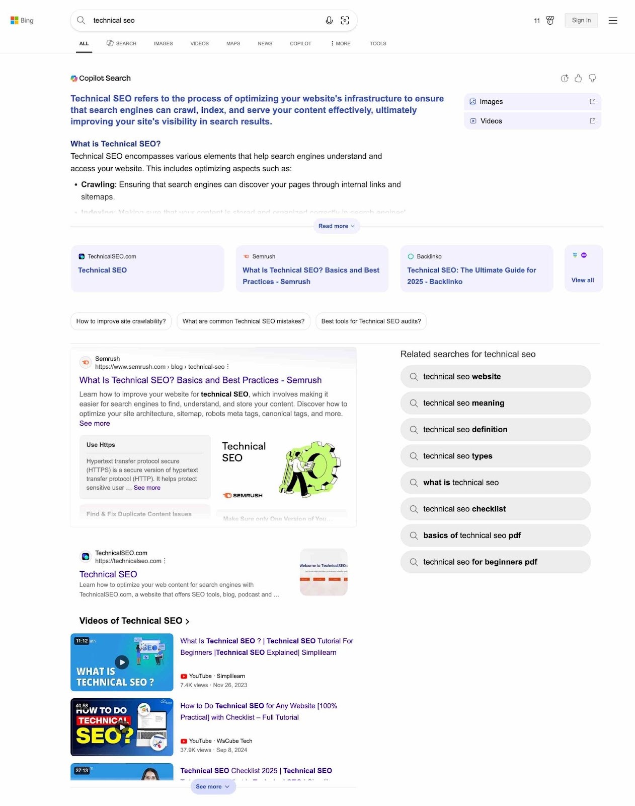Bing SERP for the term "technical seo" showing a Copilot Search card followed by a visually rich interface with articles, images, videos, etc.