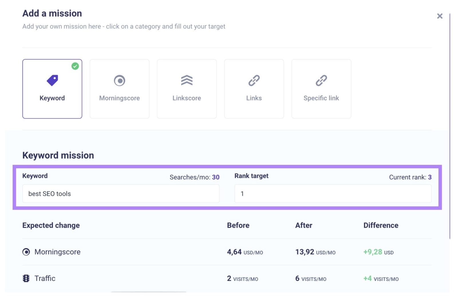 The "Add a mission" window on Morningscore with the keyword mission highlighted.