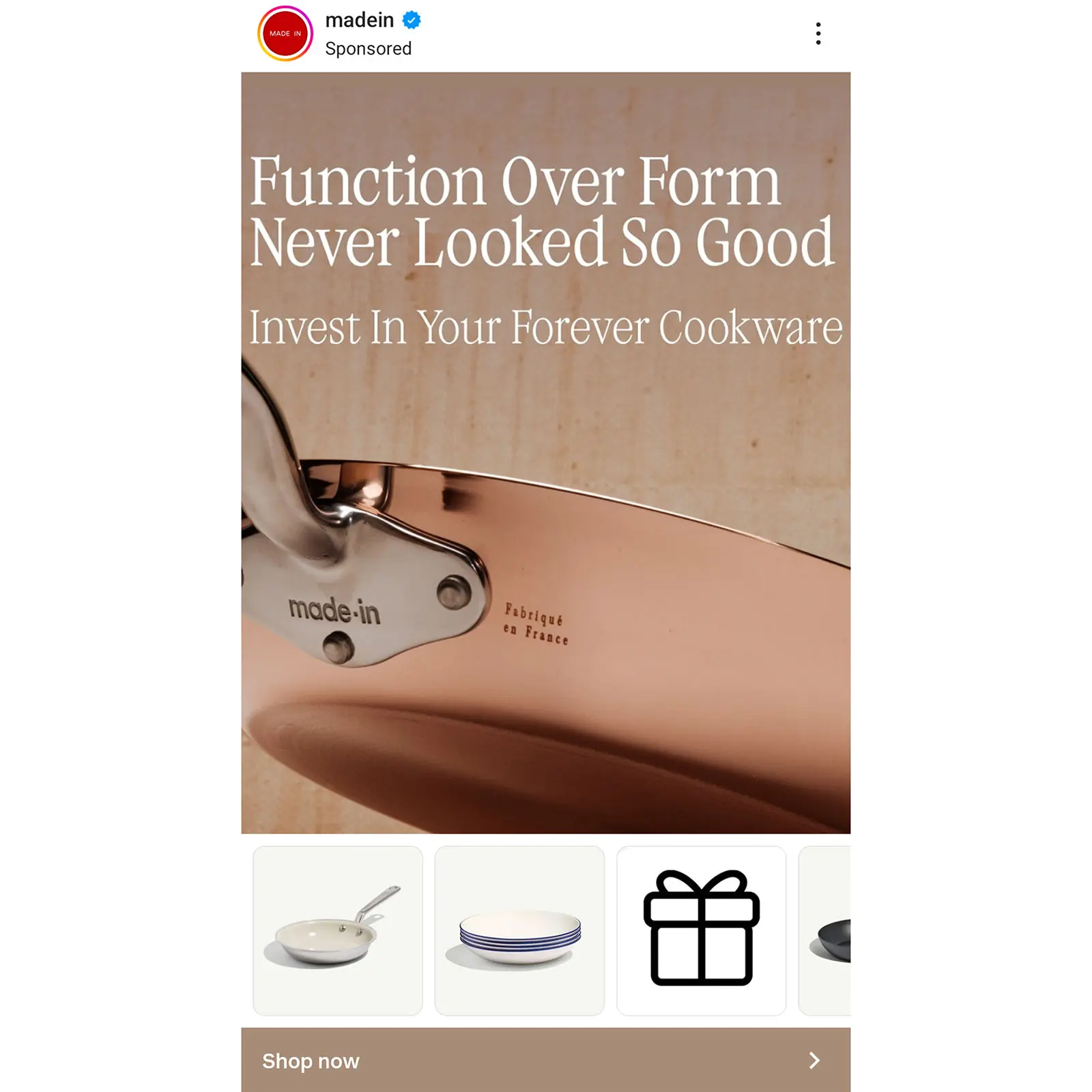 An ad on Instagram from a cookware brand, Made In, retargeting visitors who viewed its site but didn't convert.