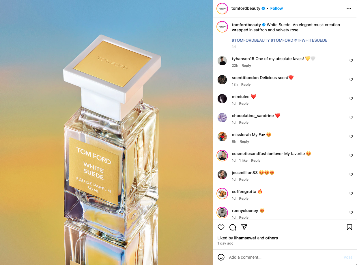 Tom Ford Instagram post that targets women interested in fashion.