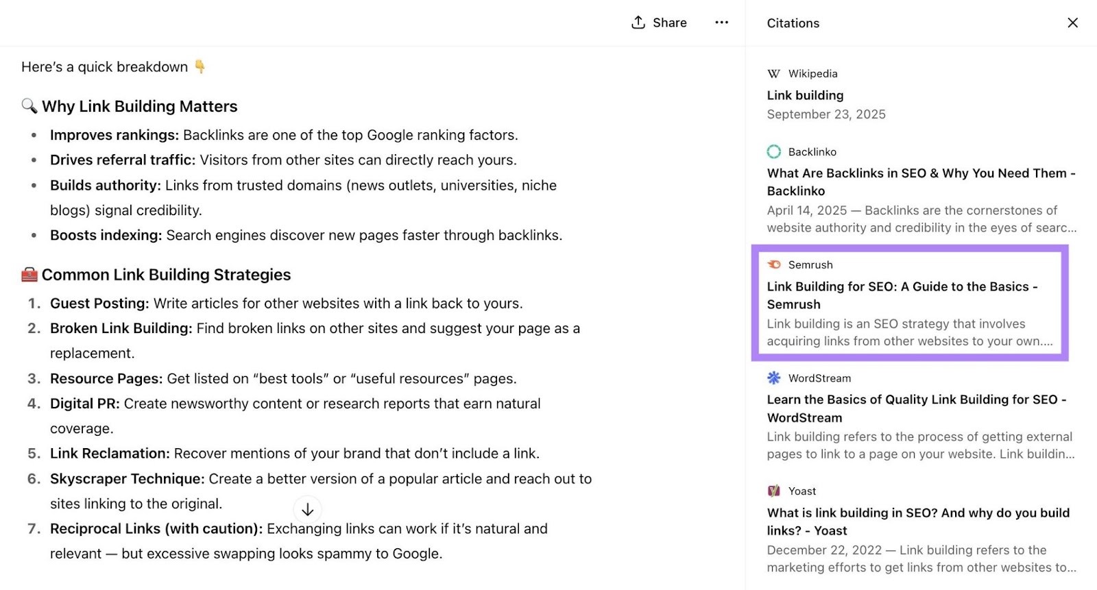 "link building" entered on ChatGPT which shows a link building guide by Semrush cited as a source.
