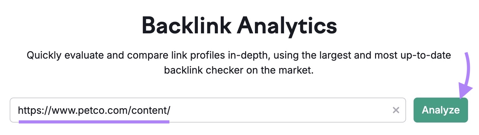 Backlinks tool start with a competitor's blog subfolder entered and the "Analyze" button clicked.