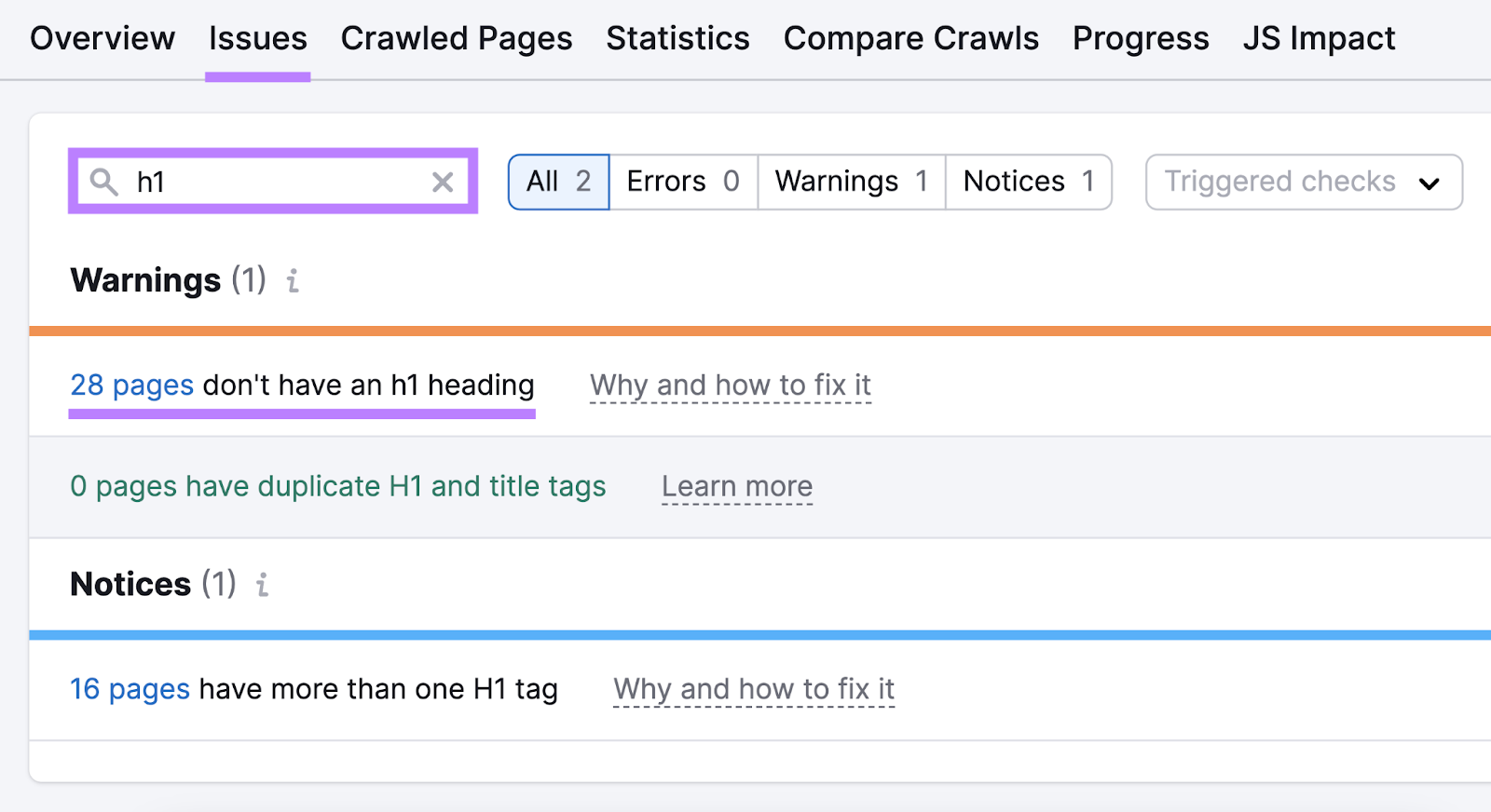 A warning in Site Audit tool that reads: "28 pages don't have an h1 heading" highlighted