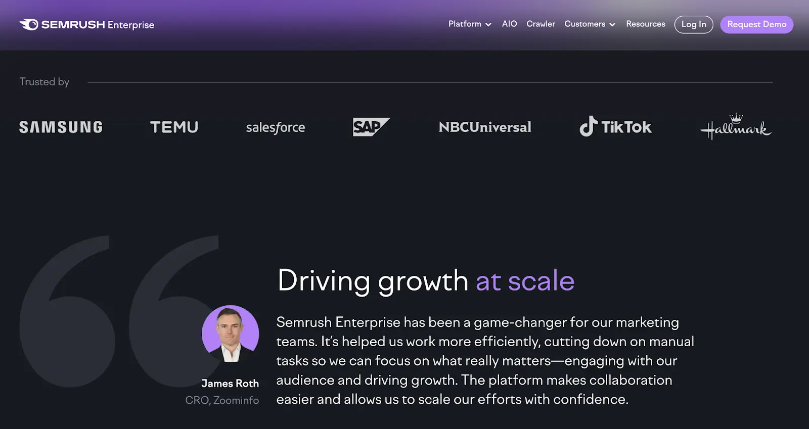 A landing page by Semrush using social proof in the form of a trust bar with recognizable client logos and a testimonial tailored to the target audience.