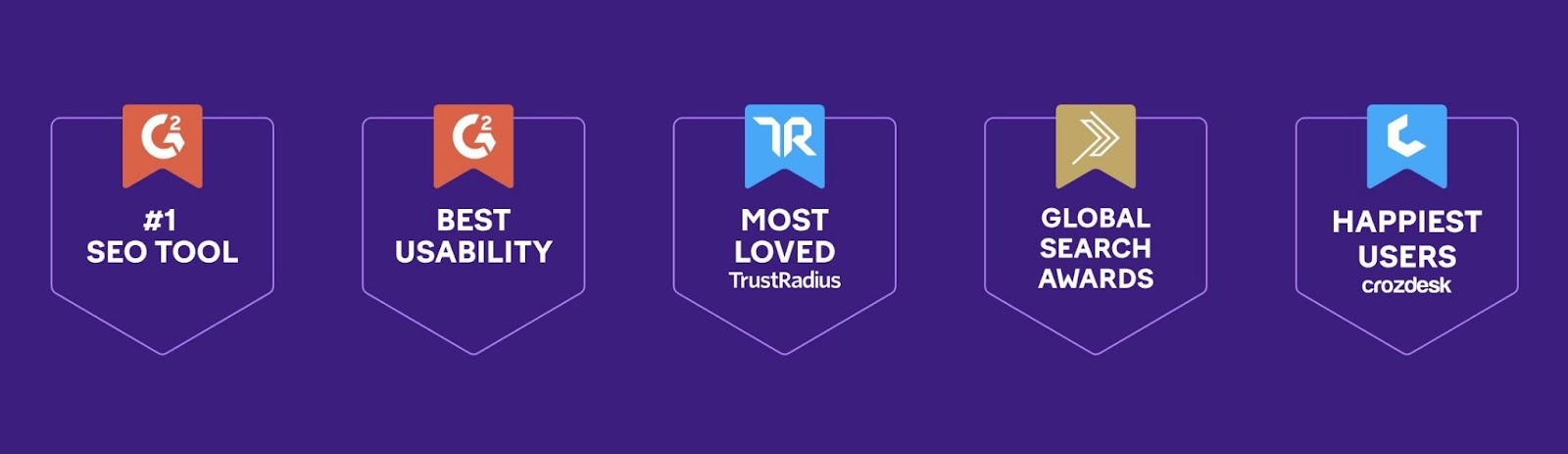 Award badges showing recognitions including #1 SEO Tool, Best Usability, Most Loved, and Happiest Users.