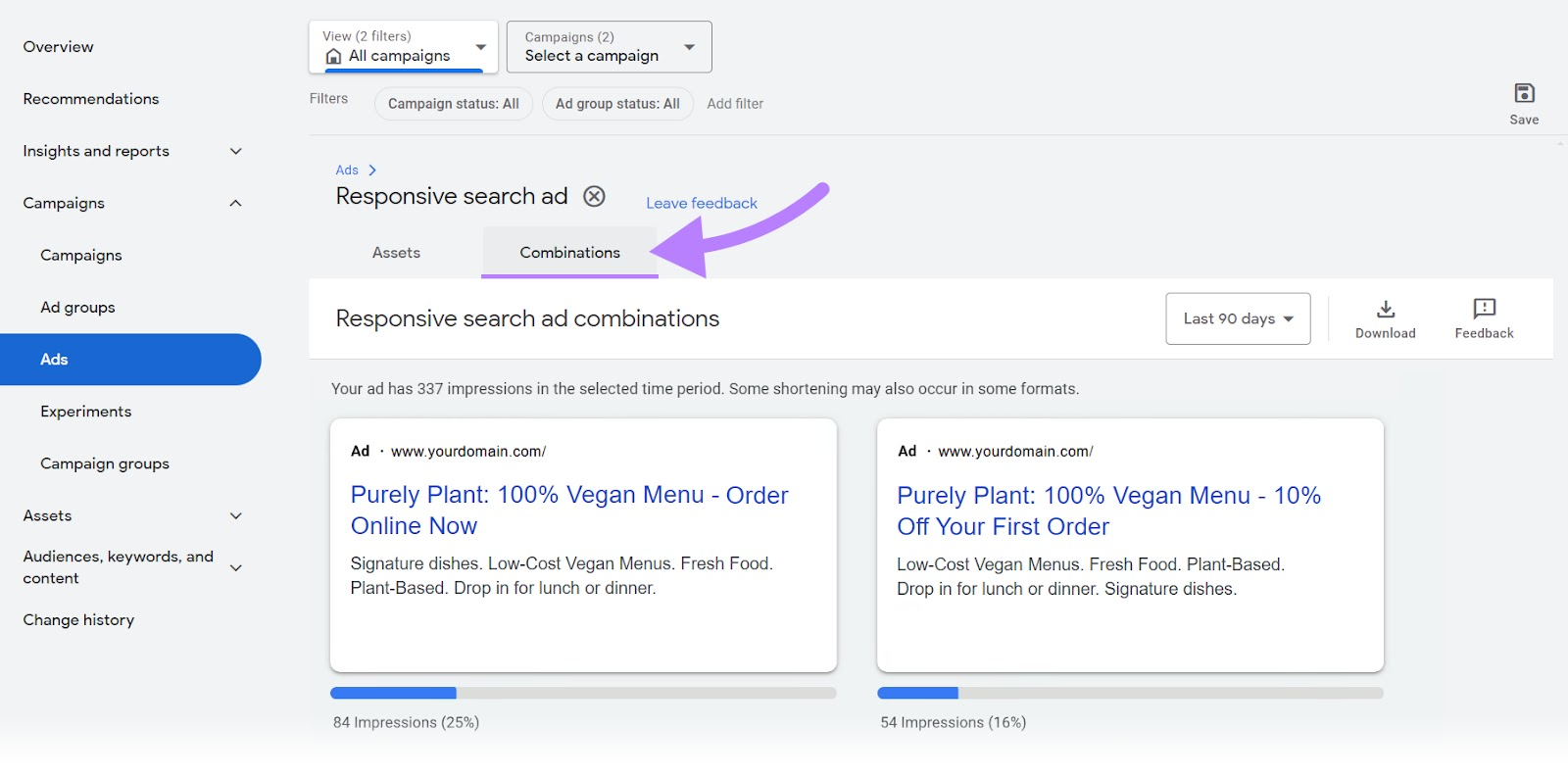 “Combinations” tab under responsive search ad