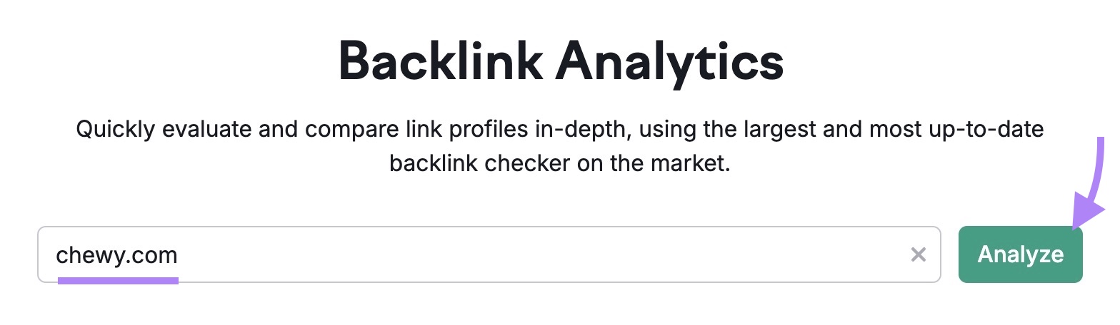 Backlinks tool start with a domain entered and the "Analyze" button clicked.