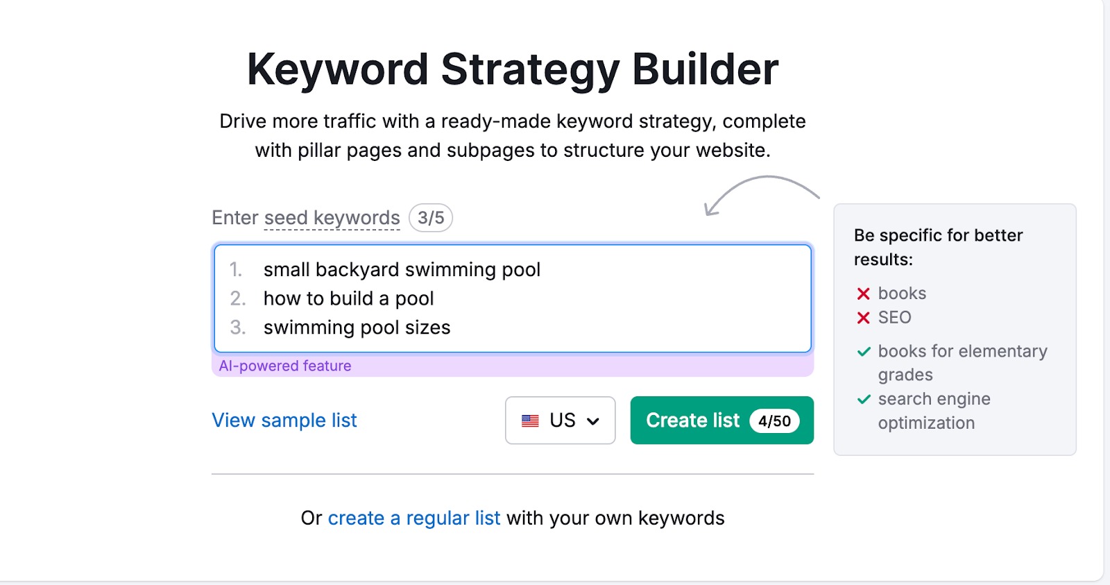 Keyword Strategy Builder start page with five example seed keywords entered to create a list.