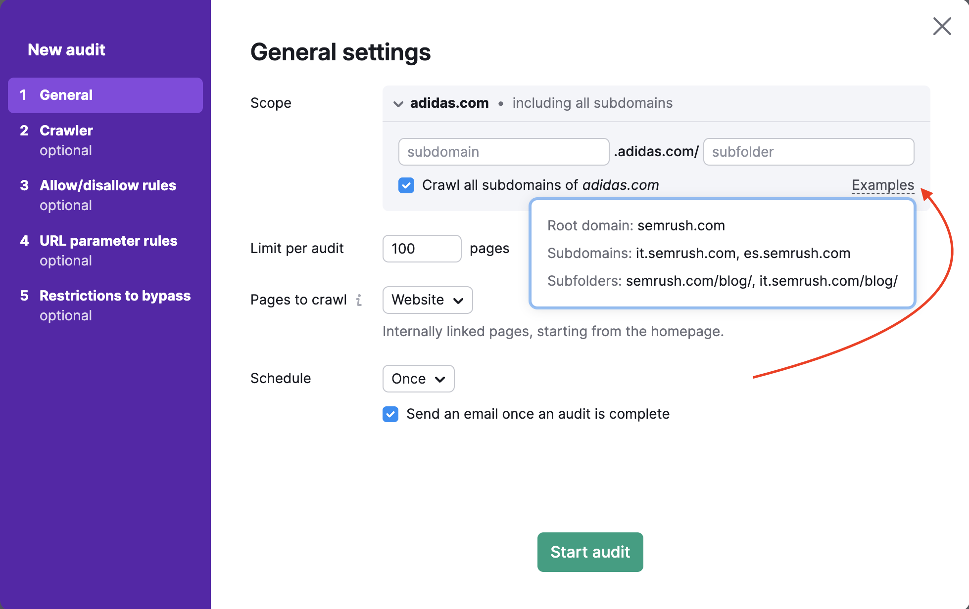 Window showing Site Audit settings with options for Crawl Scope, Page Limit, and Crawl Source. A red arrow points to the Examples link under Crawl Scope, which reveals sample formats for root domains, subdomains, and subfolders.