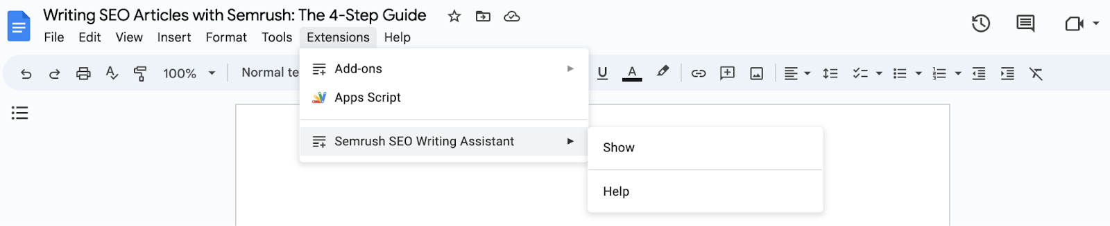 Google Docs menu showing &ldquo;Extensions&rdquo; with the Semrush SEO Writing Assistant option selected.